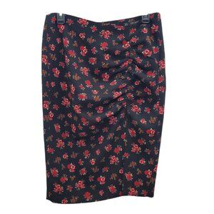 Zara Basics Women's Black Red Floral Print Ruched Fitted Pencil Wiggle Skirt M